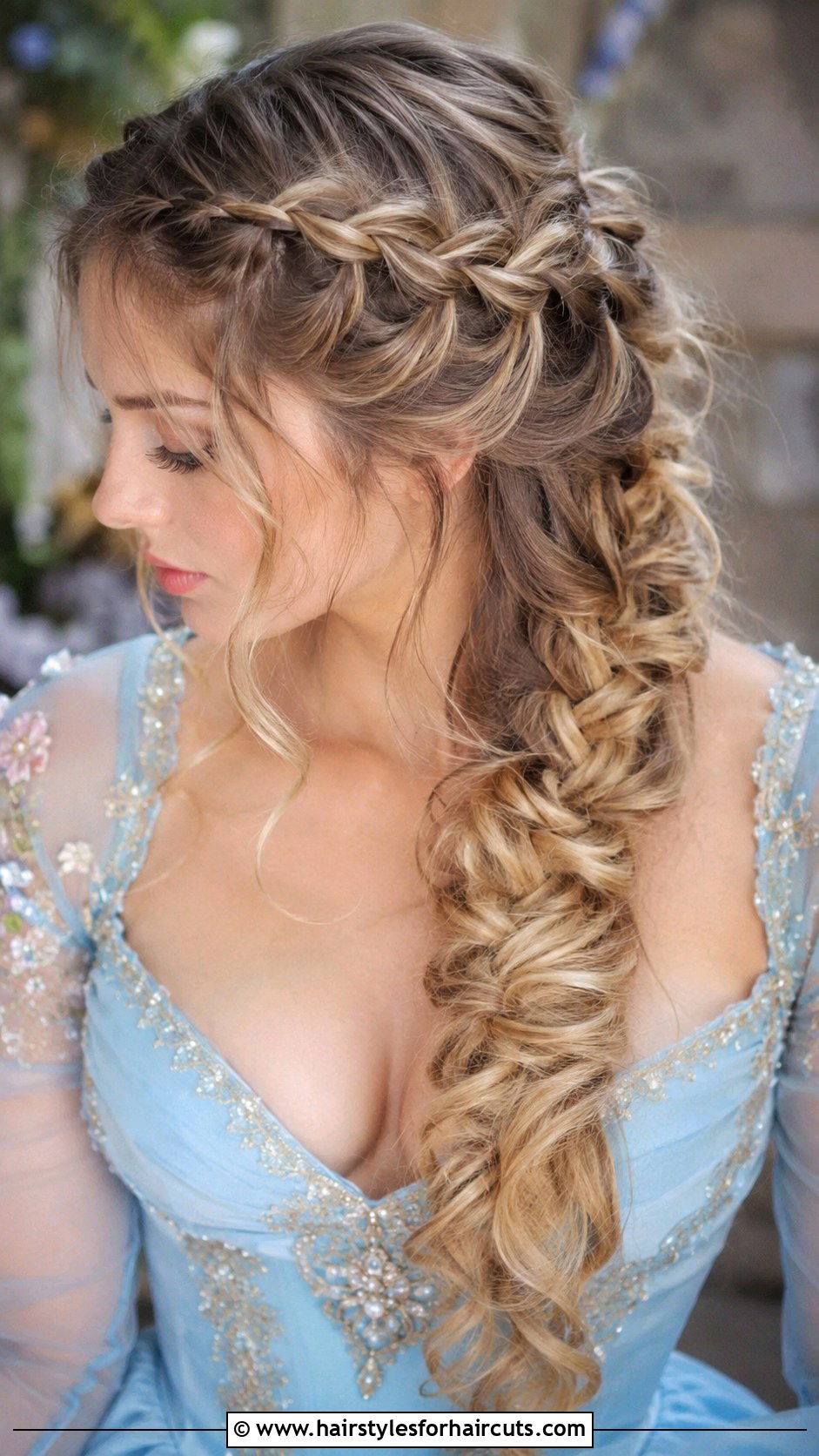 Waterfall Braid With Loose Curls - 25 gala hairstyles for medium hair - 25 gala hairstyles for medium hair