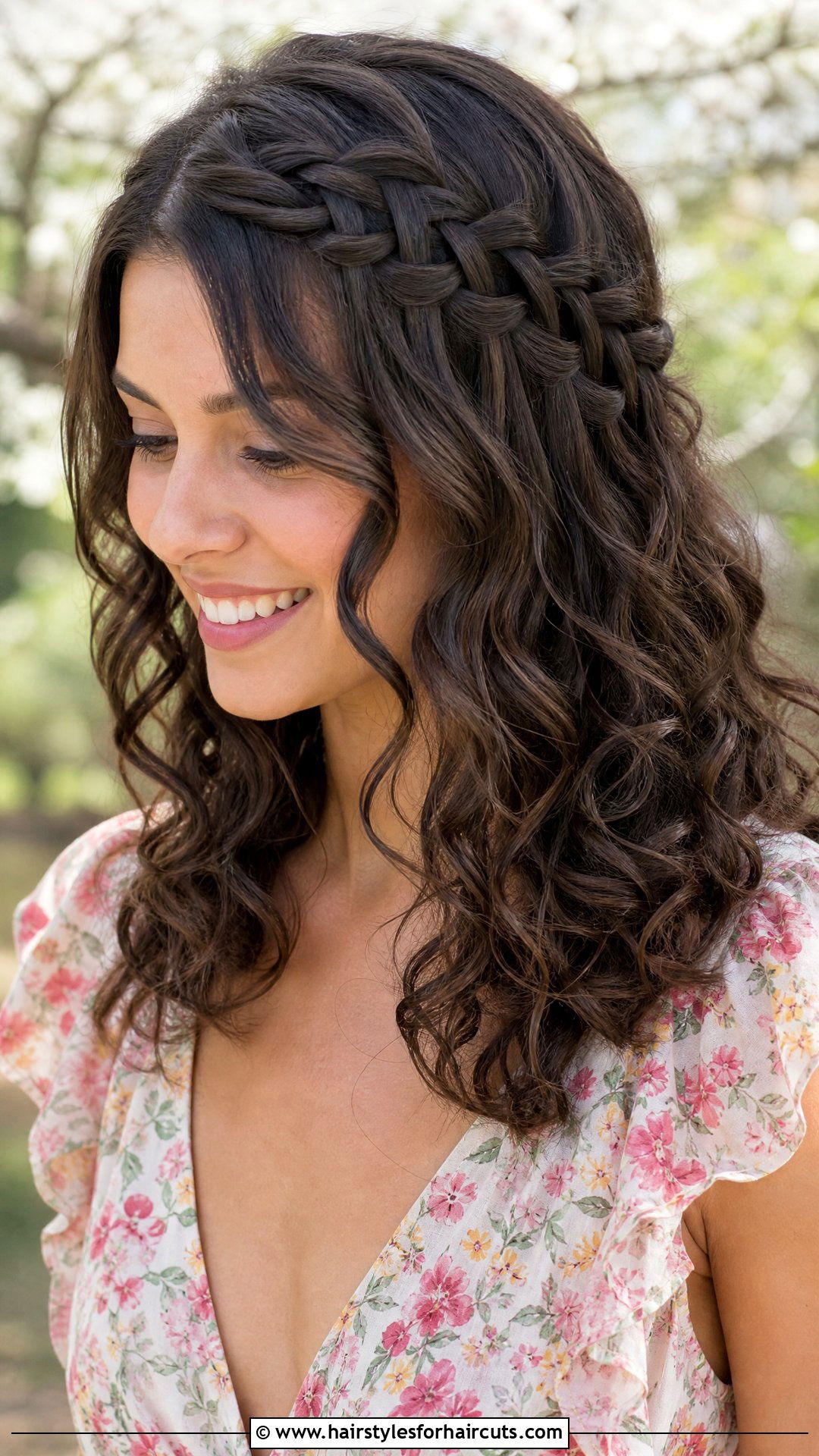 Waterfall Braid With Natural Curls - 25 wedding hairstyles for shoulder length curly hair - 25 wedding hairstyles for shoulder length curly hair