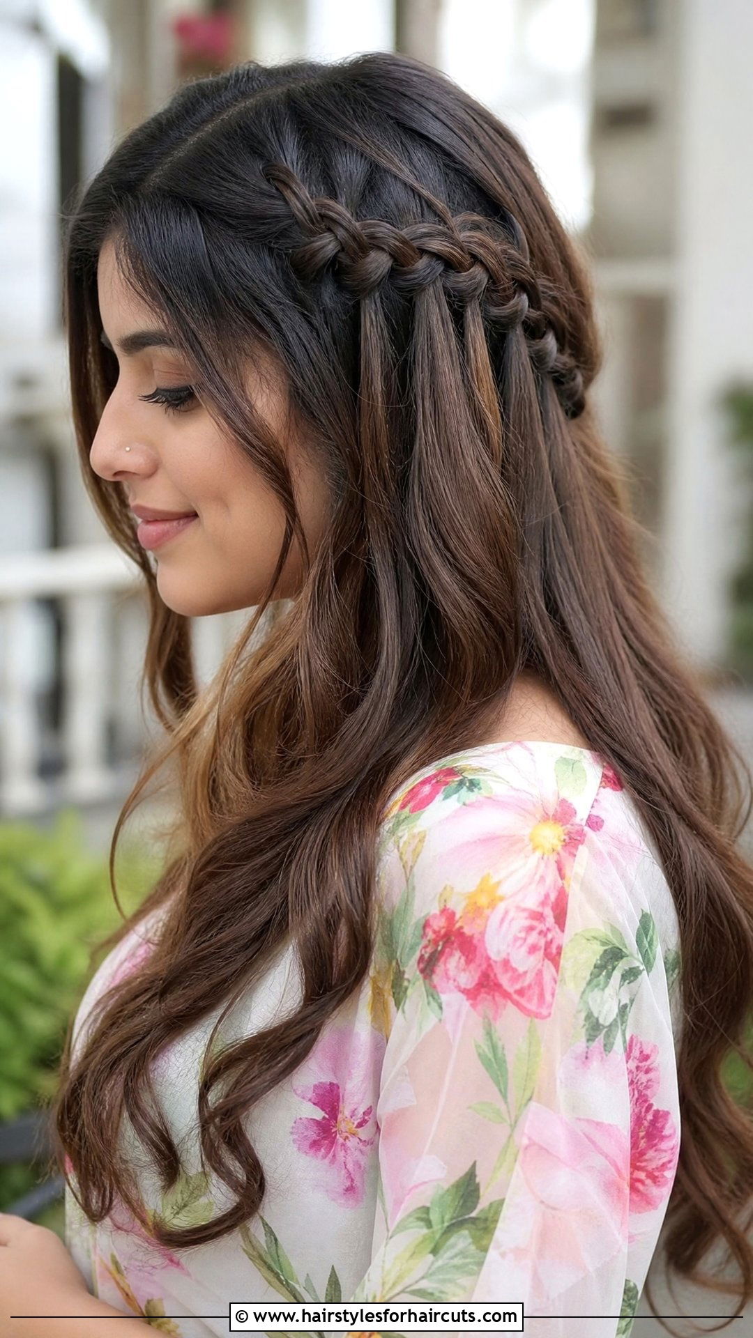 Waterfall Braid With Open Hair - 25 wedding hairstyles for saree - 25 wedding hairstyles for saree
