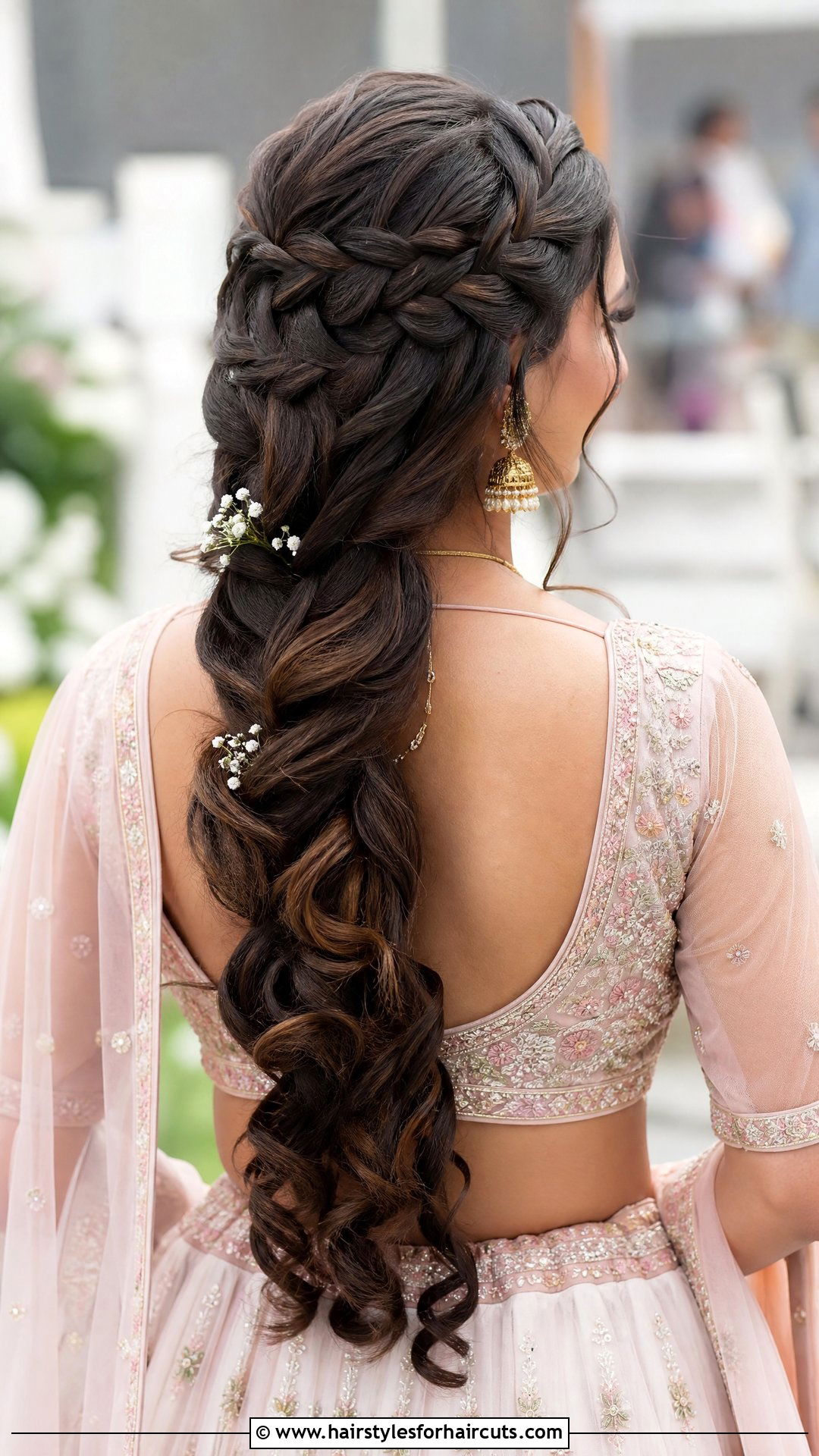 Waterfall Braid With Soft Curls - 25 diwali hairstyles for long hair - 25 diwali hairstyles for long hair