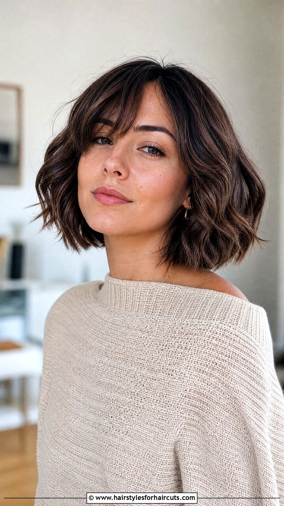 Wavy Chin Length Bob With Curtain Bangs - 25 chin length haircuts for wavy hair - 25 chin length haircuts for wavy hair