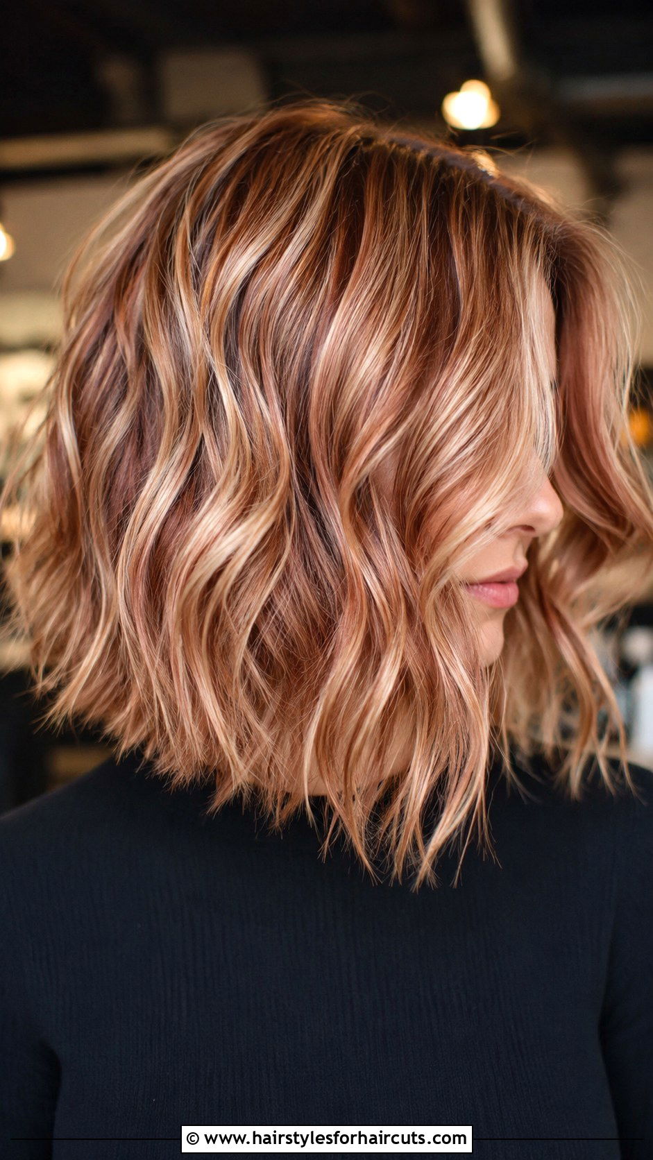Wavy Lob With Distributed Rose Gold Tinsel - 25 hair tinsel hairstyles - 25 hair tinsel hairstyles
