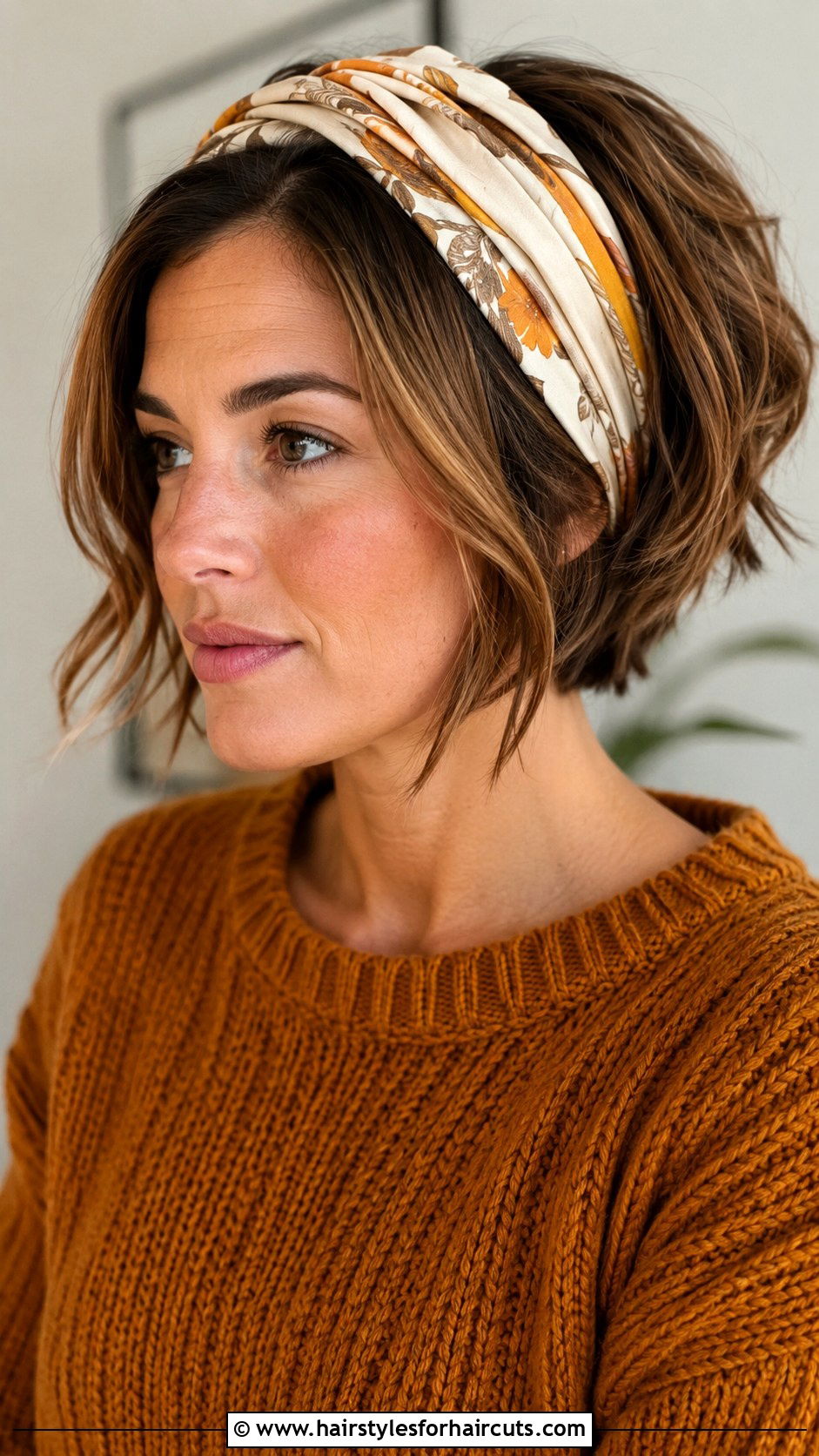 Wide Headband Wrap With Layered Bob - 25 wrap hairstyles for short hair - 25 wrap hairstyles for short hair