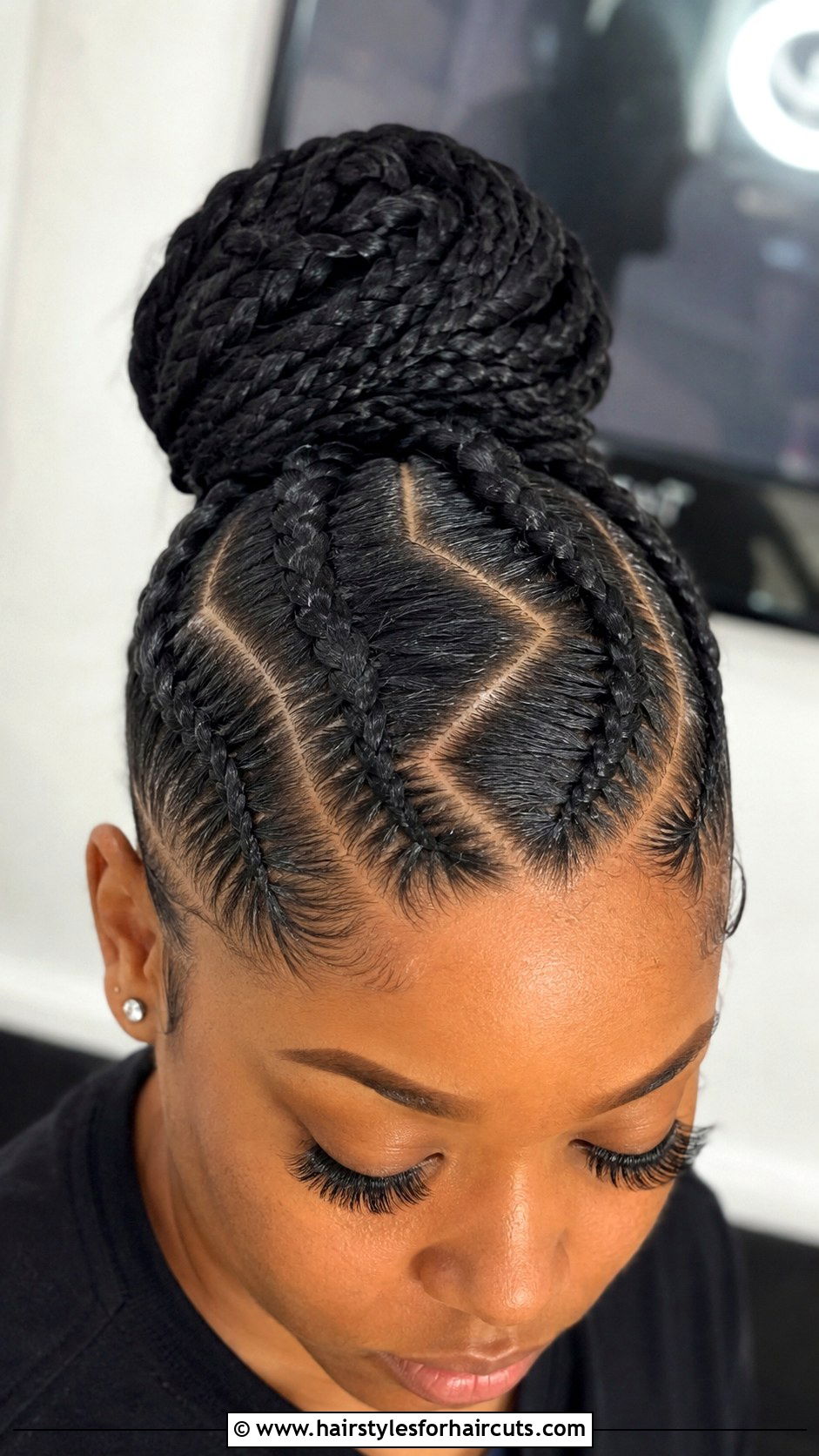 Zig Zag Part Braided Ponytail Bun - 25 braided ponytail bun hairstyles for black hair - 25 braided ponytail bun hairstyles for black hair